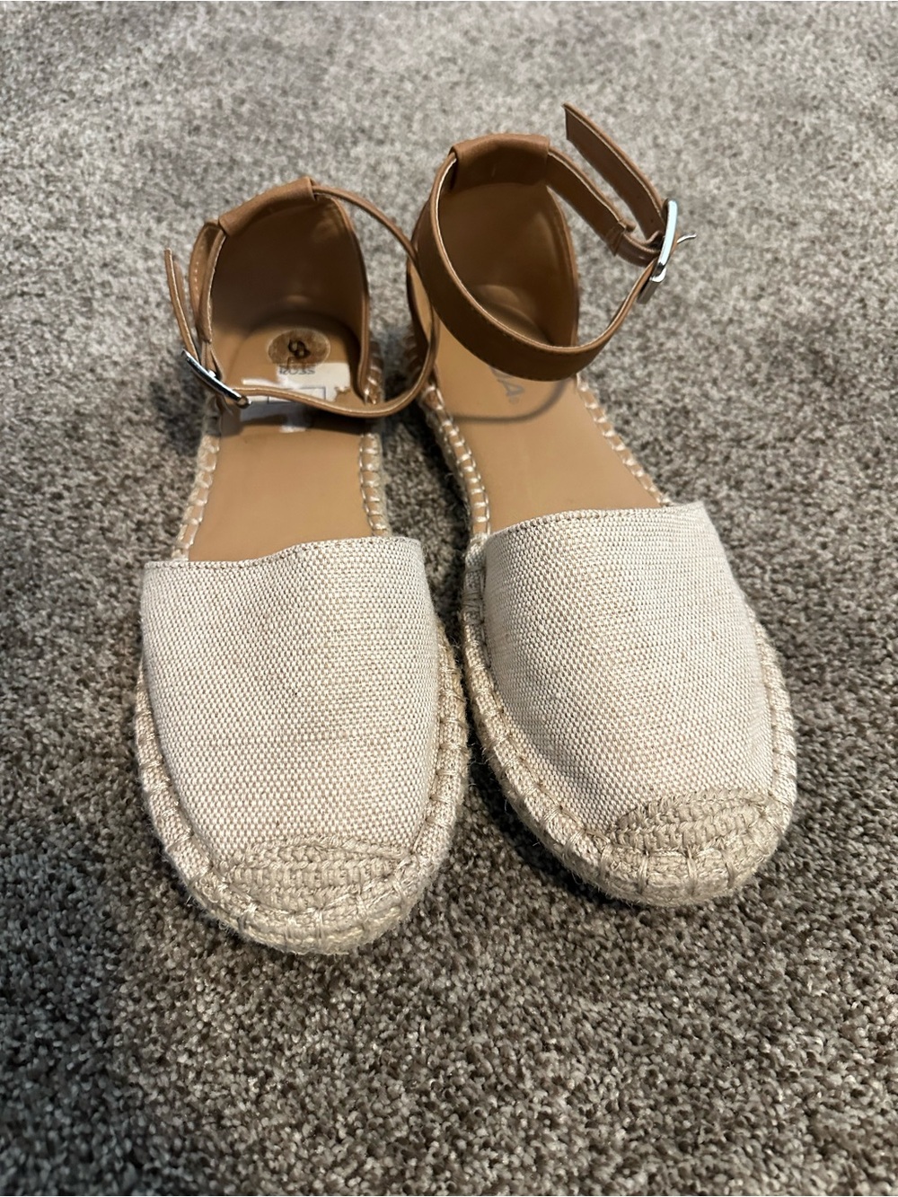 SODA Women’s 8 Canvas Espadrille Flats Beige Tan Ankle Strap Buckle Summer